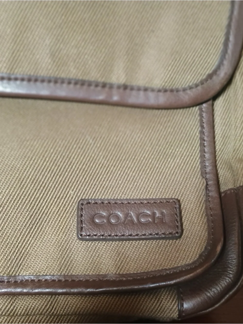 Coach Khaki Canvas Messenger Bag with Brown Trim